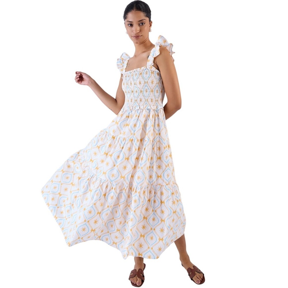 Beyond‎ by Vera Smocked Midi Dress Ruffle Sleeve Tiered Cotton All Over Print S